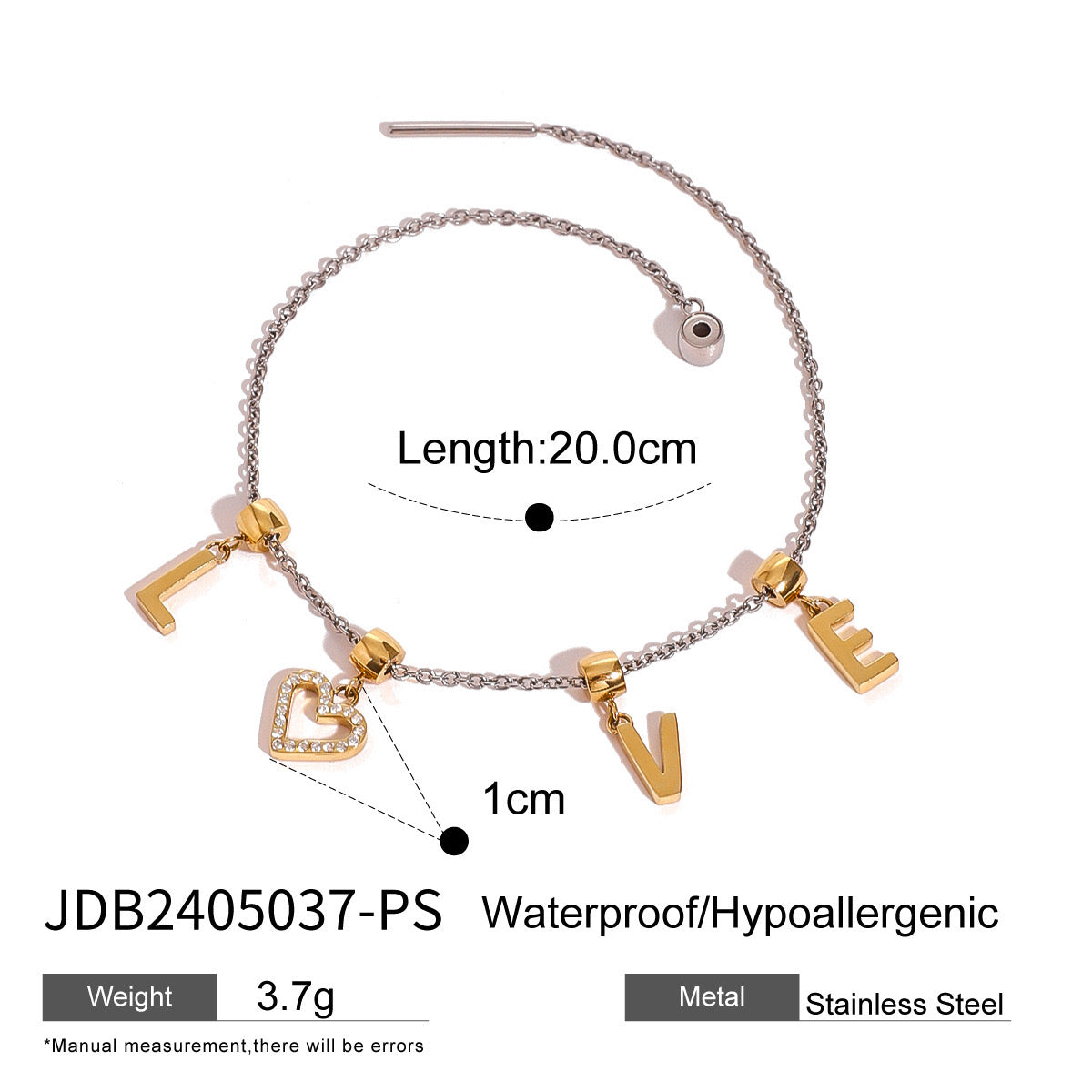 18K Gold Two Tone LOVE Pendant Heart Bracelet