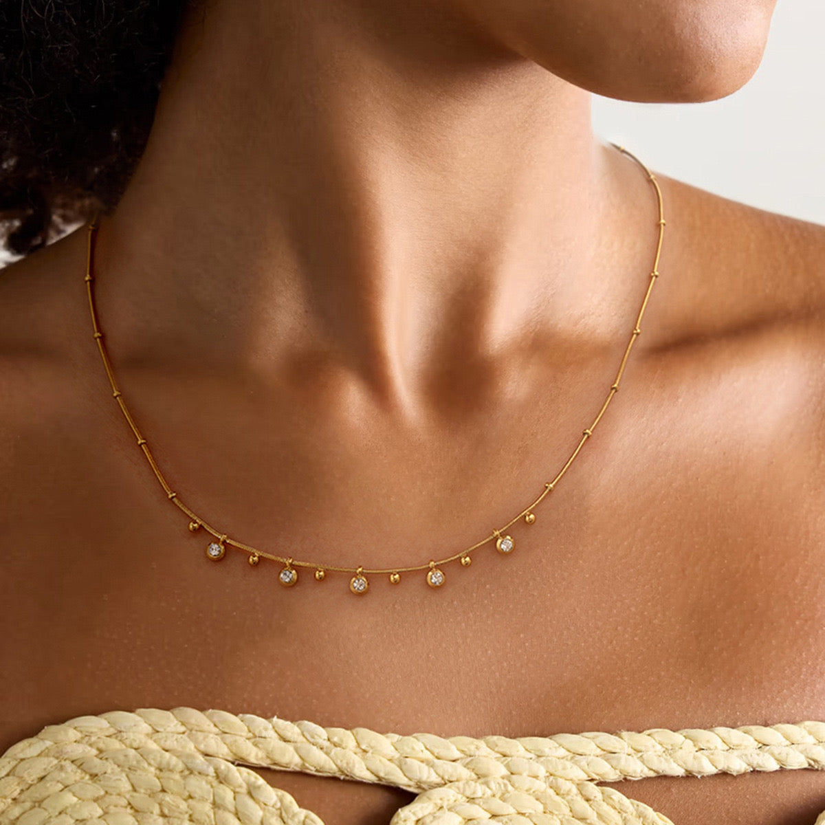 18K Gold CZ Sprinkle Beaded Chain Dainty Necklace