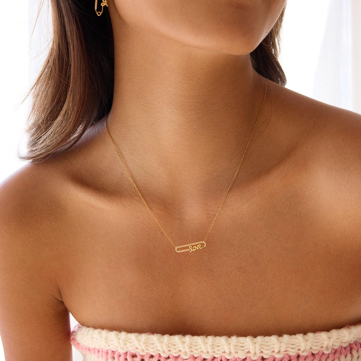 18K Gold Bling Love Letter Pink Jewel Paperclip Chain Layered Necklace Set