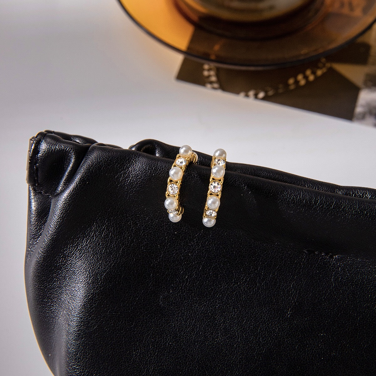 18K Gold Bling Pearl Small Hoop Huggie Earrings