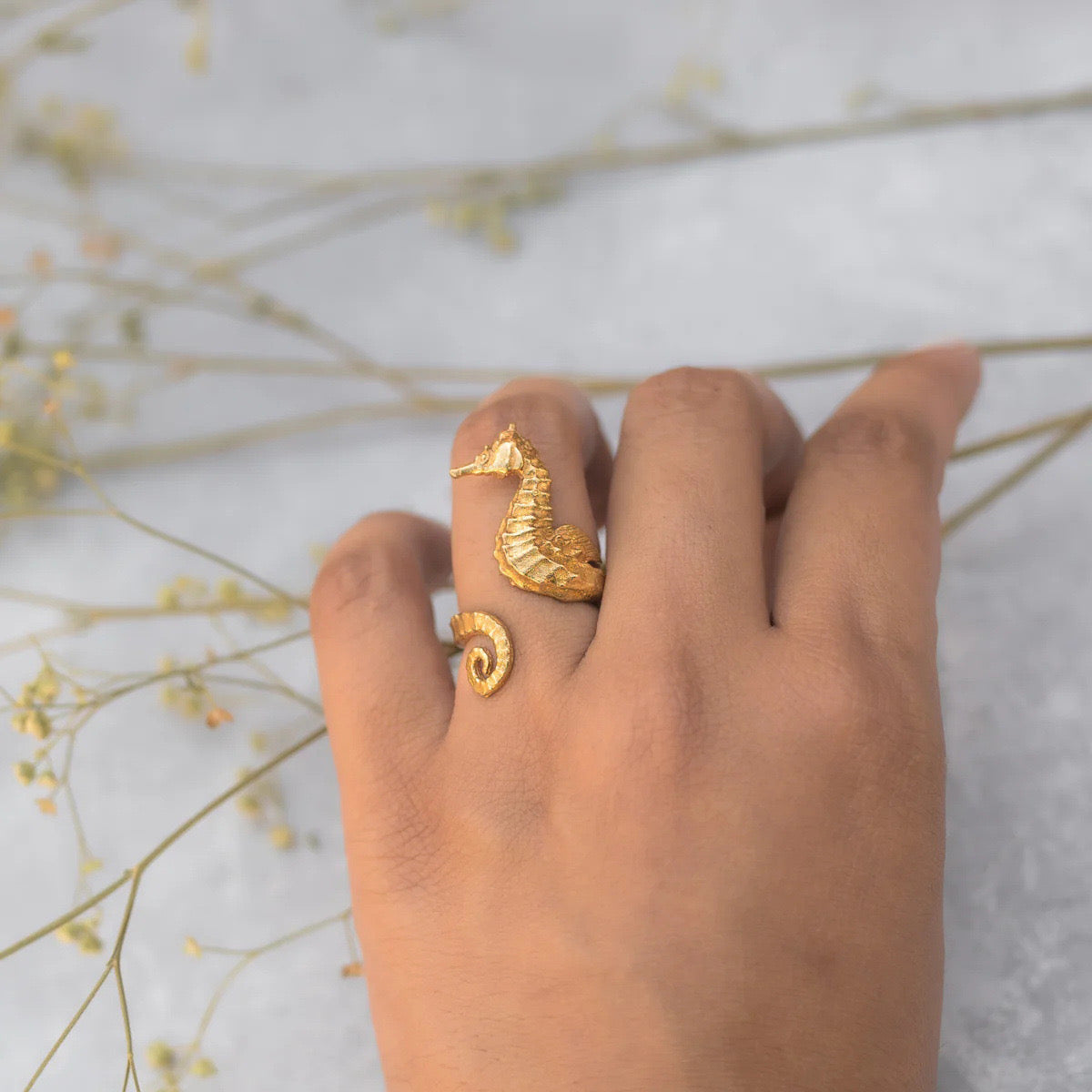 18K Gold Ocean Theme Sea Horse Statement Ring