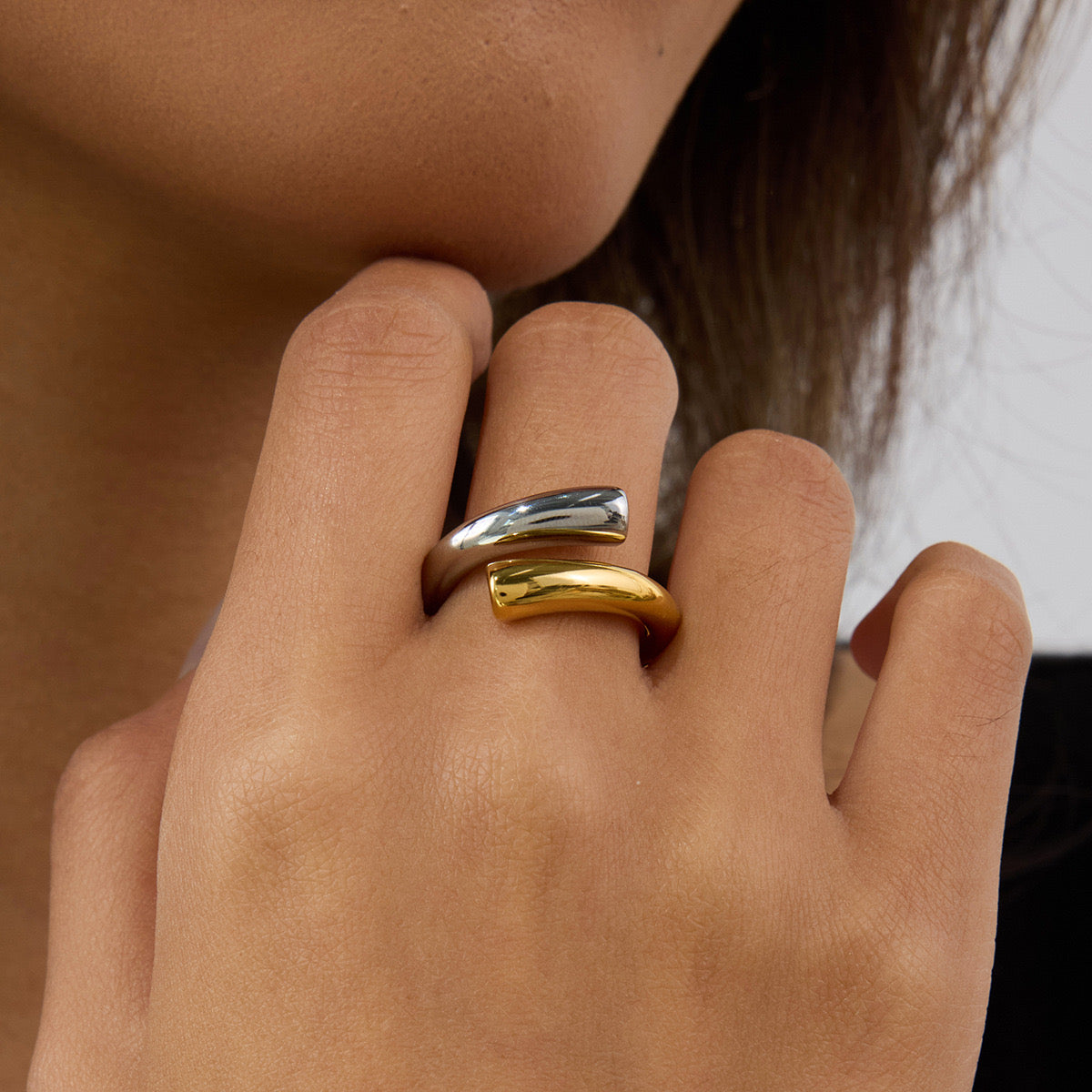 18K Gold Two Tone Minimalist Chic Silver Cuff Ring