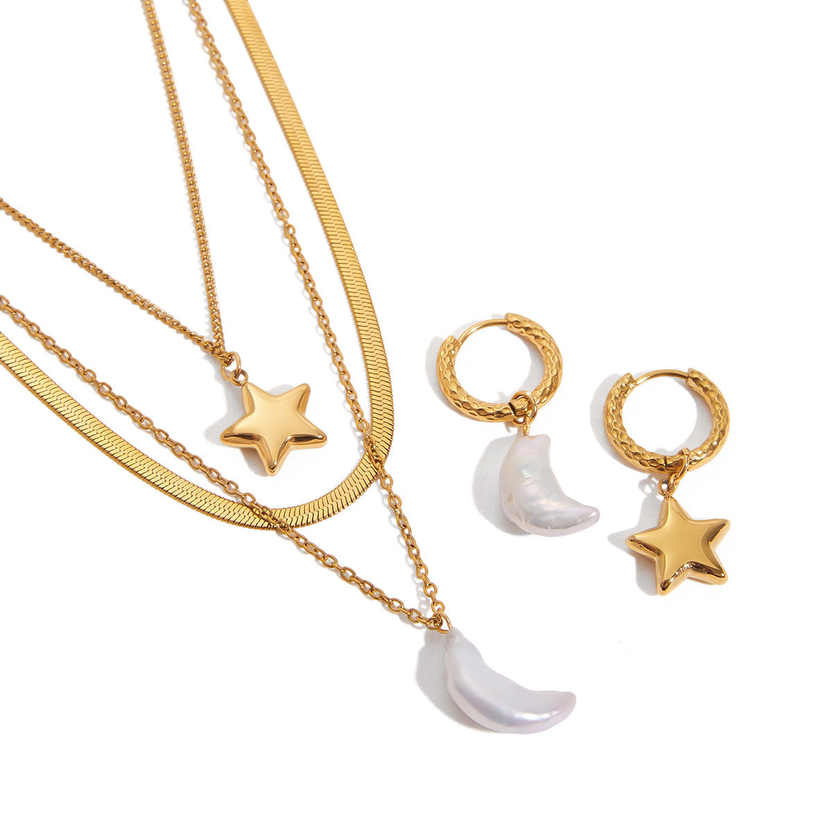 18K Gold Celestial Dream Star Pendant Pearl Moon Herringbone Chain Layered Necklace Set