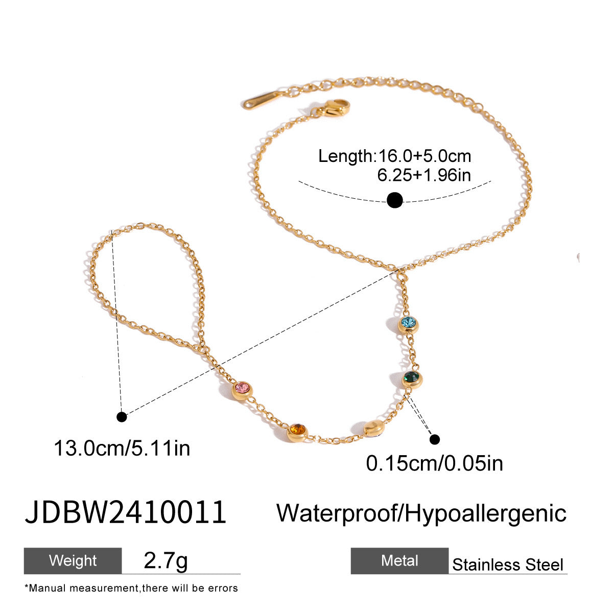 18K Gold Waterproof Rainbow Gem Hand Chain Bracelet