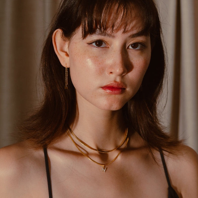 18K Gold Minimalist Glam Herringbone Chain Initial Dainty Necklace