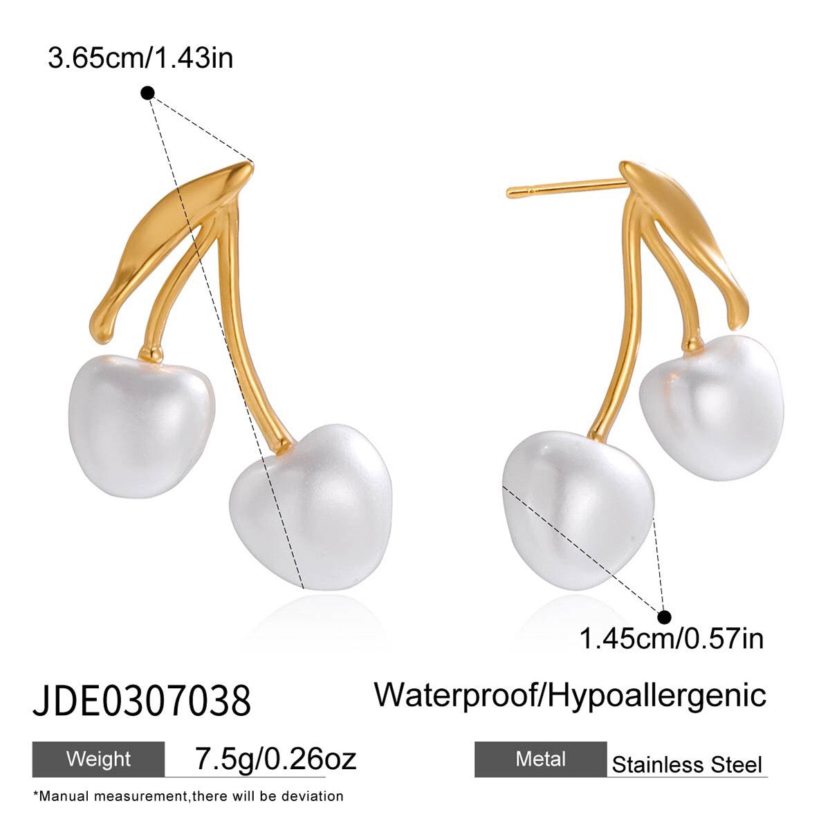 18K Gold Pearl Cherry Statement Dangle Stud Earrings