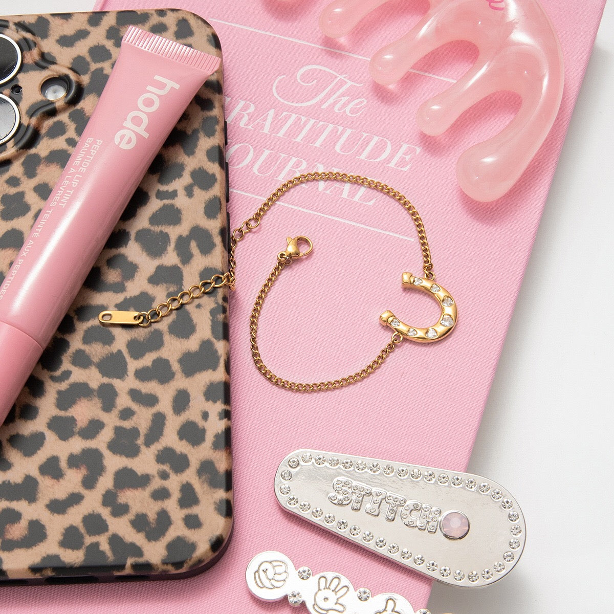 18K Gold Intimate Heart Tennis Horseshoe Chain Bracelet Stack