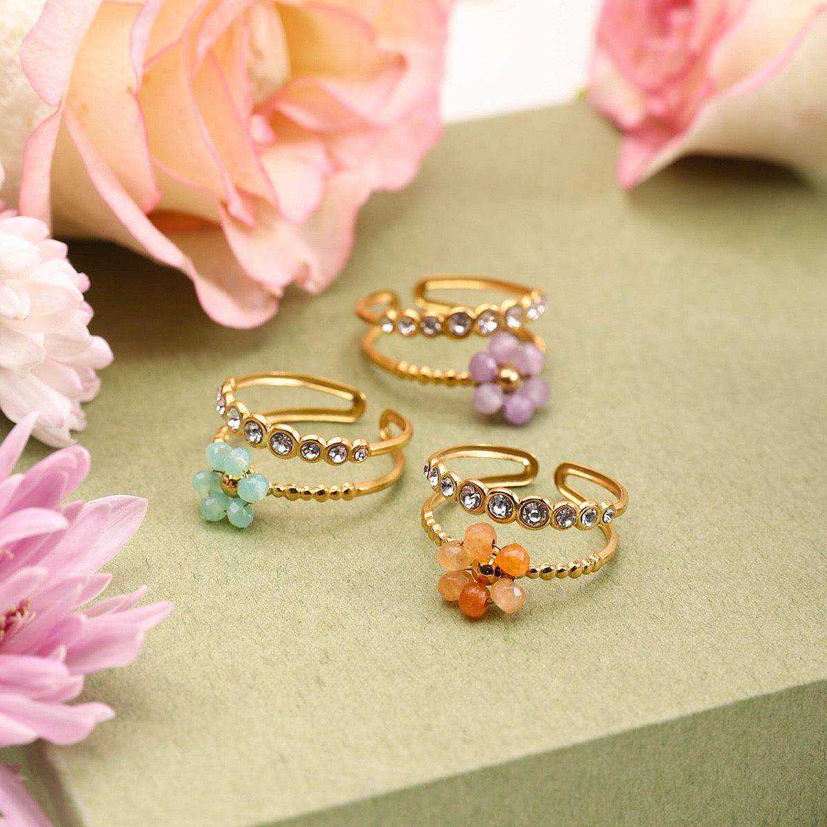 18K Gold Pastel Color Bejeweled Flower Ring