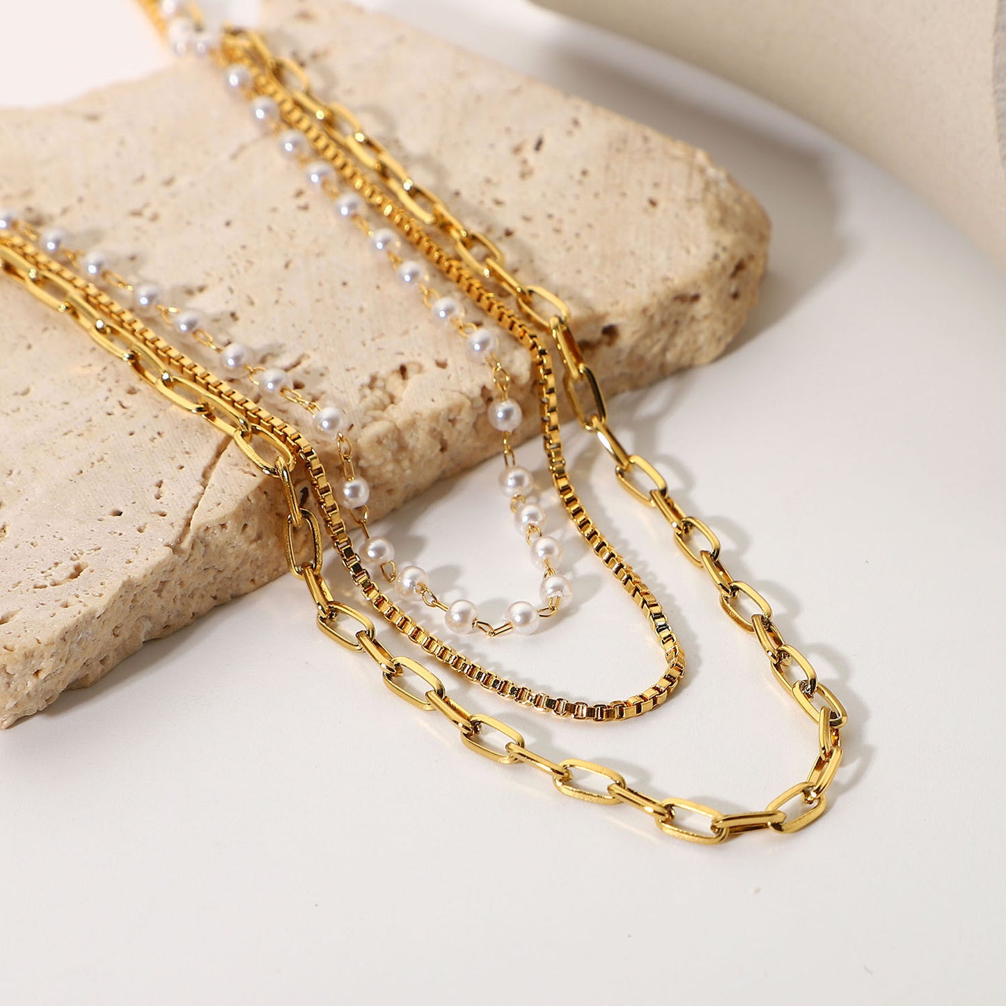18K Gold Paperclip Box Chain Pearl Layered Necklace