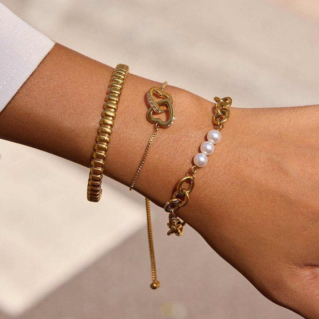 18K Gold Golden Haze Pearl Chain Cuff Bangle Bracelet Stack