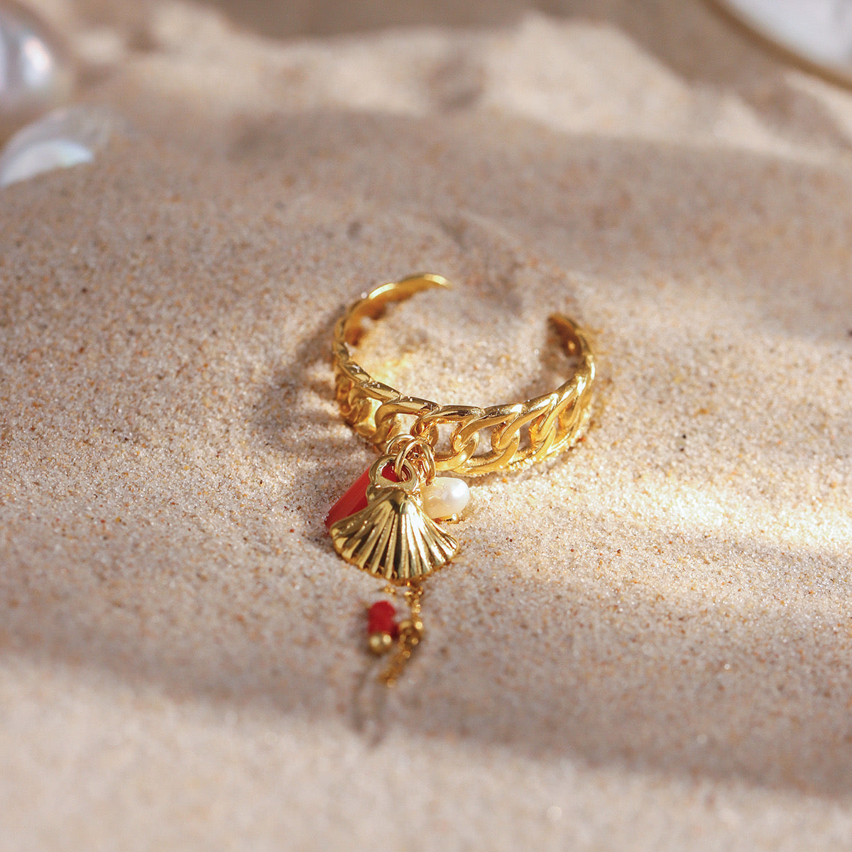 18K Gold Sea Shell Pearl Charm Band Ring