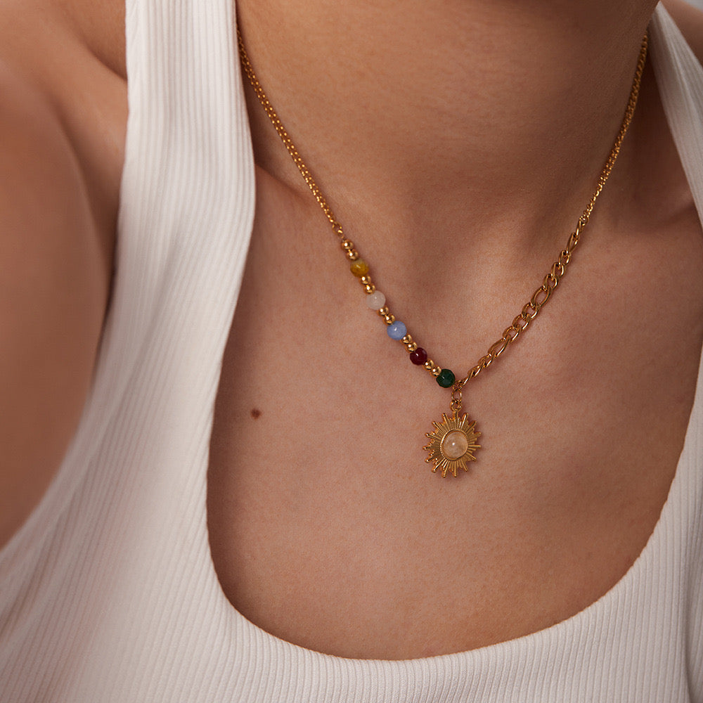 18K Gold Sun Pendant Color Beaded Necklace
