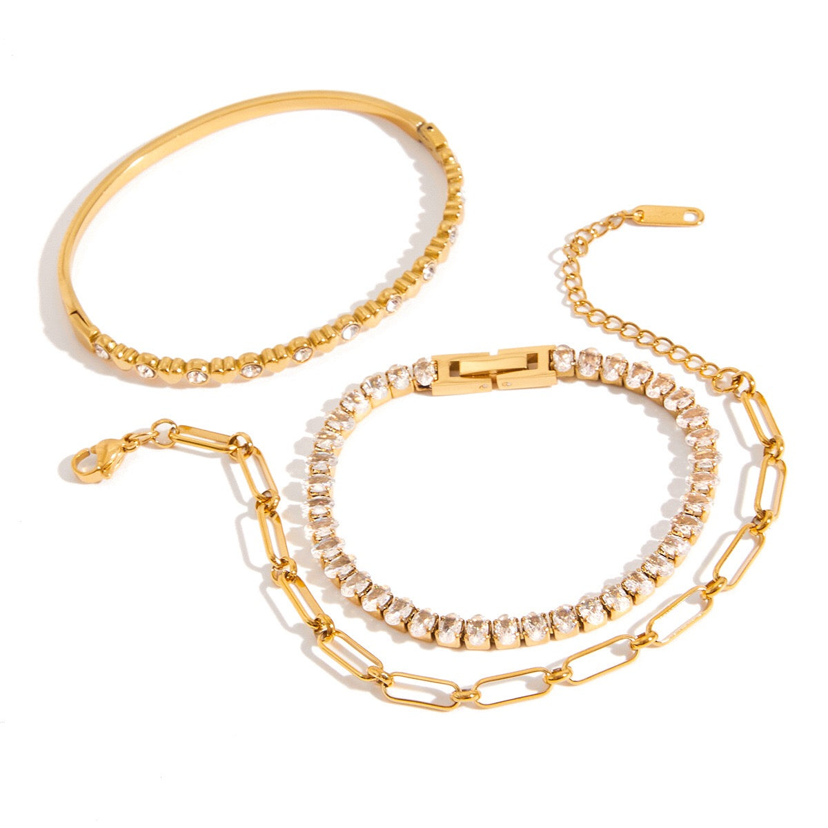 18K Gold Extra Bling Paperclip Chain Bangle Tennis Bracelet Stack