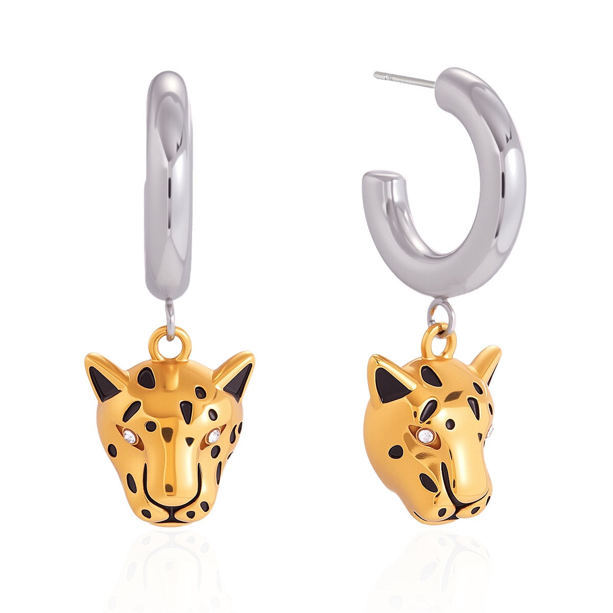 18K Gold and Silver Two Tone Savage Chic Leopard Dangle Hoop Earrings