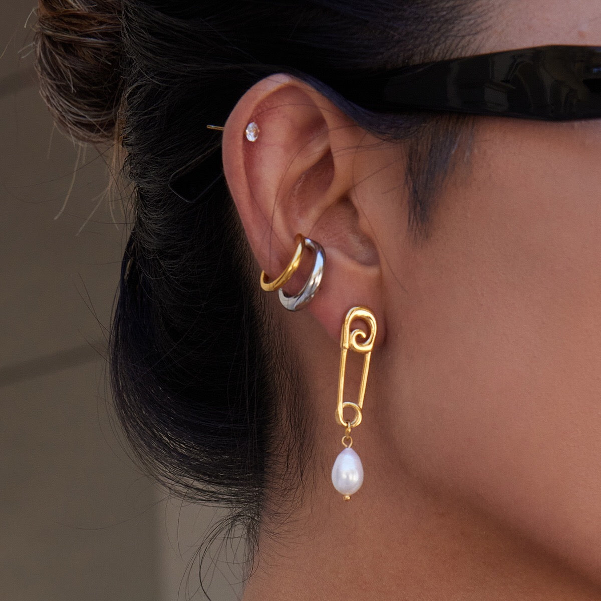 18K Gold Safety Pin Pearl Statement Dangle Stud Earrings
