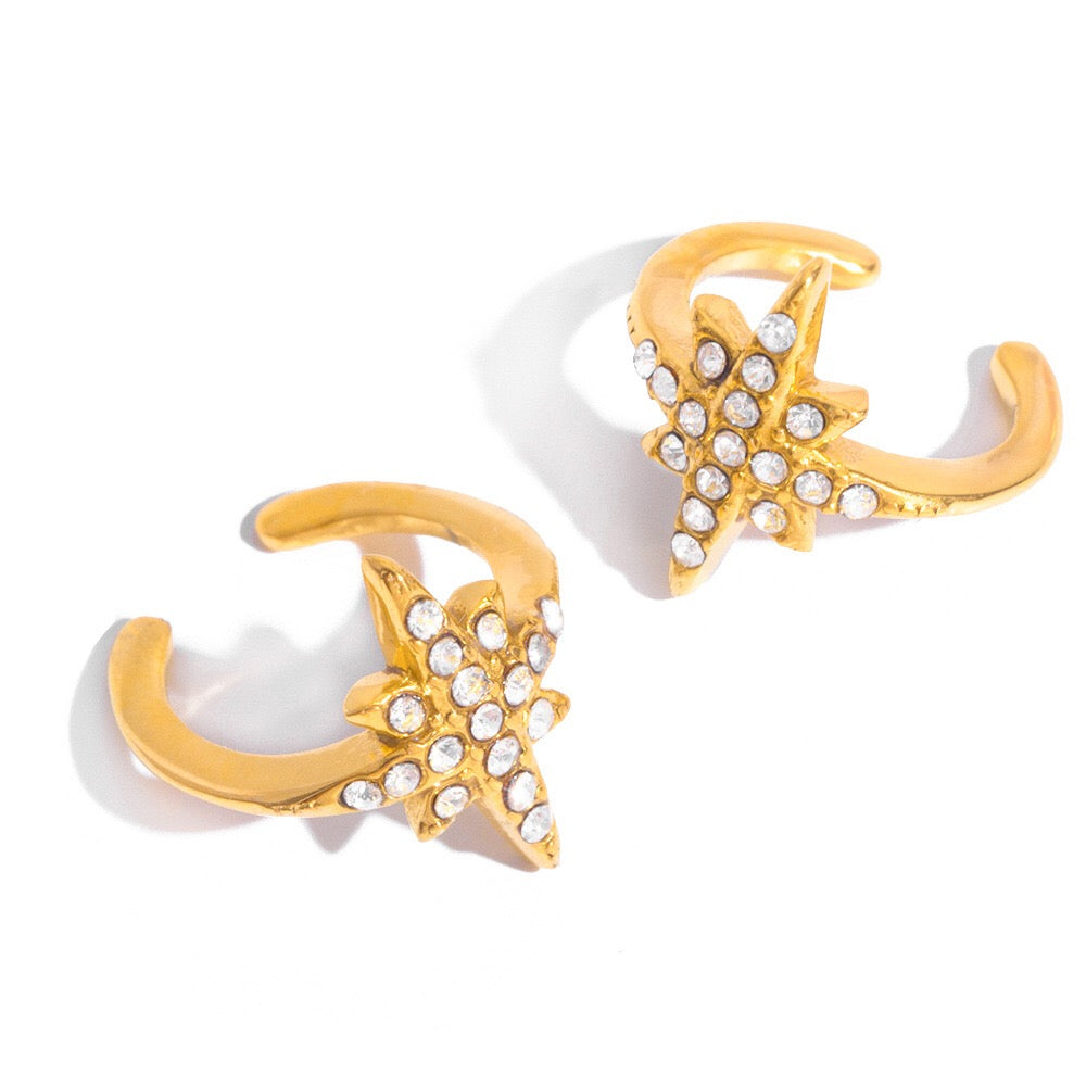 18K Gold Cosmic Charm Huggie Dangle Earrings Star Ear Cuff Set