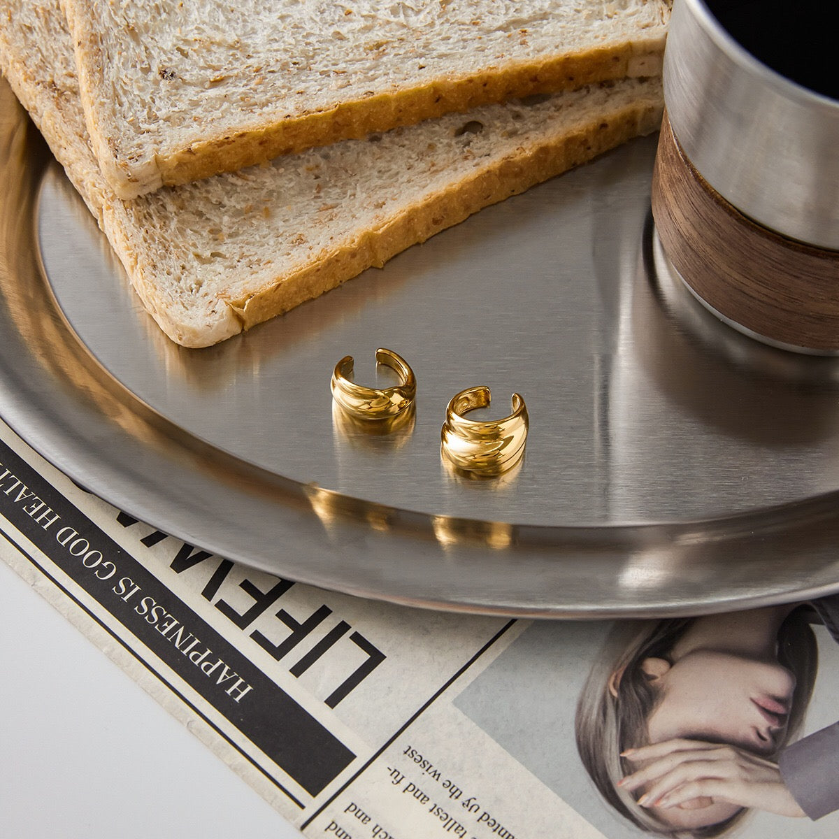 18K Gold Angel Wings Minimalist Bling Huggie Earrings Ear Cuff Set