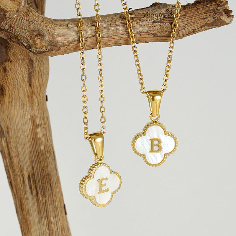 18K Gold Initial Letter Clover Pendant Necklace