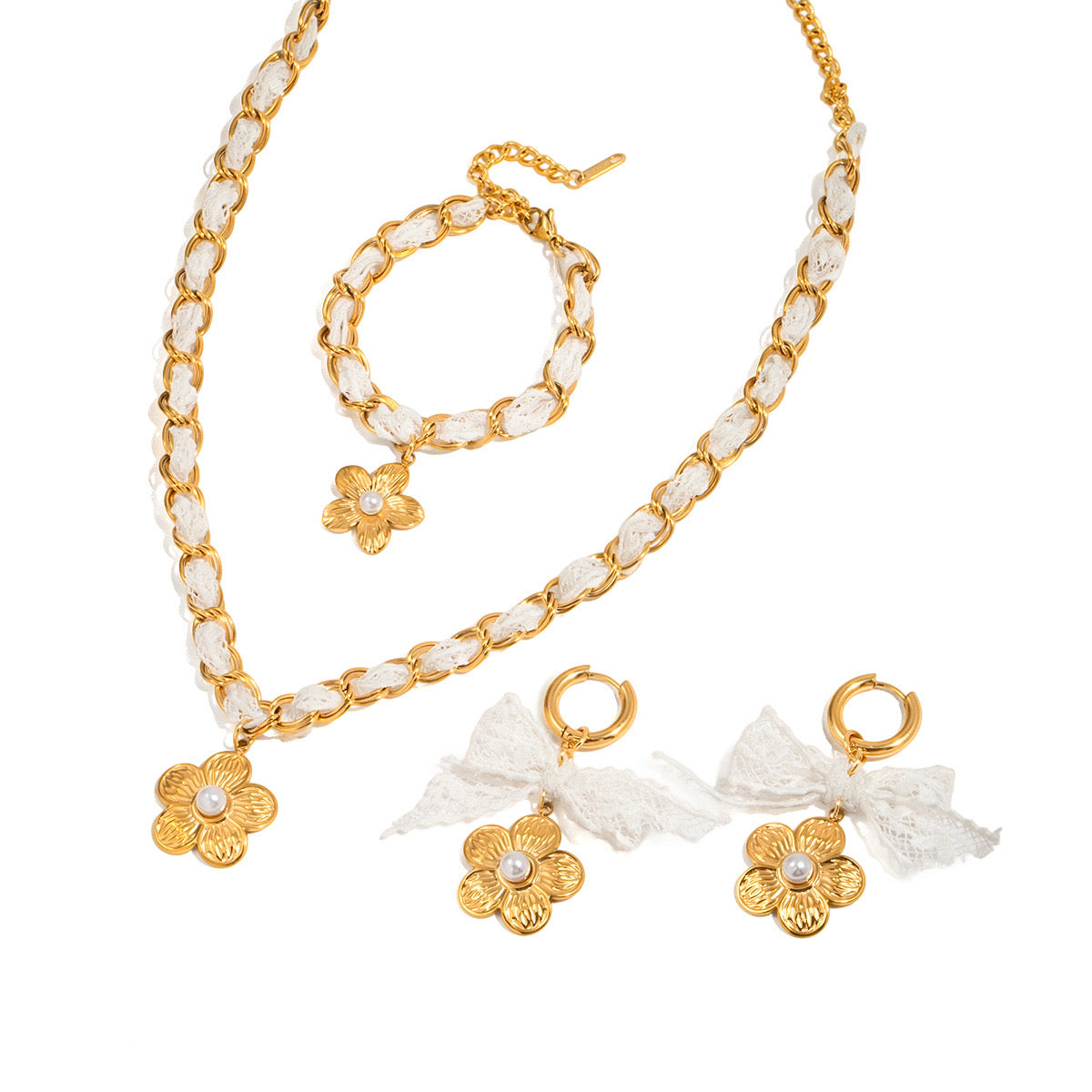 18K Gold Princess Flower Pearl Pendant Ribbon Chain Layered Necklace Set