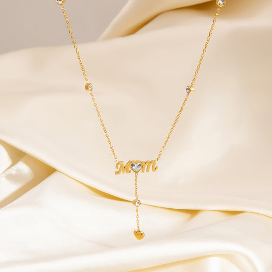 18K Gold Bling Mom CZ Lariat Necklace