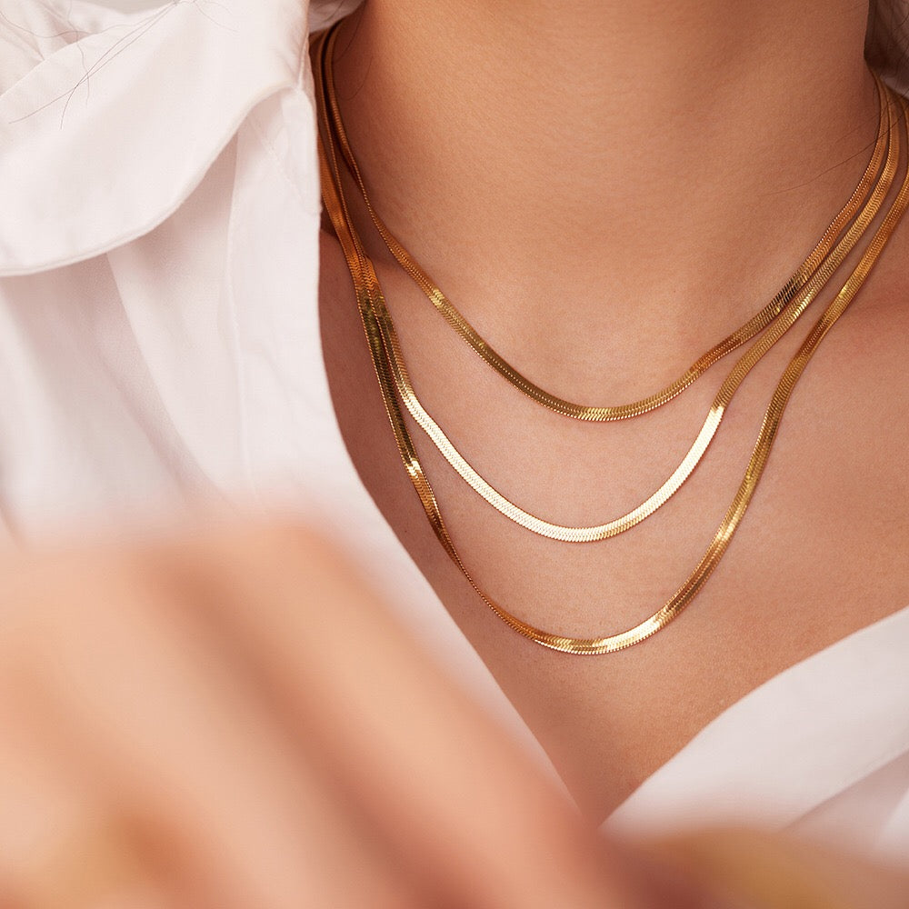 18K Gold Herringbone Snake Chain Layered Necklace Set