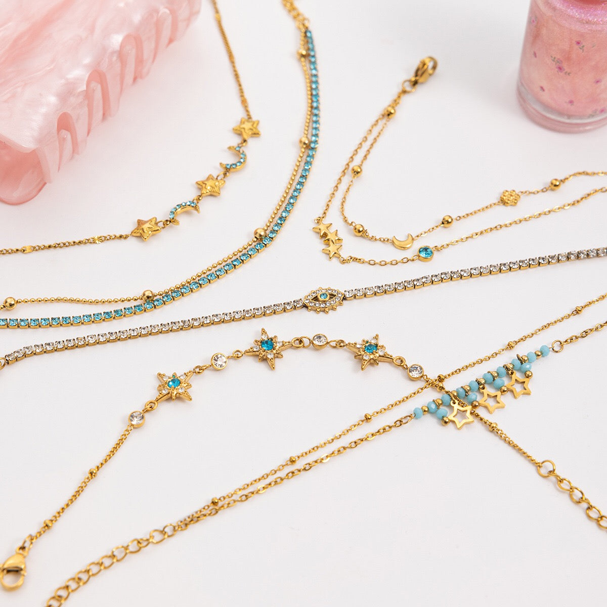 18K Gold Blue Winter Wonderland Moon and Stars Tennis Bracelet Stack