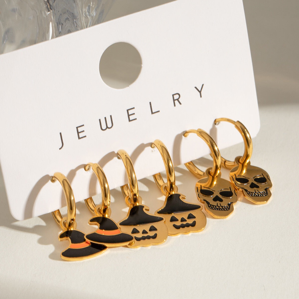 18K Gold Halloween Pumpkin Skull Small Hoop Huggie Earrings with Charm