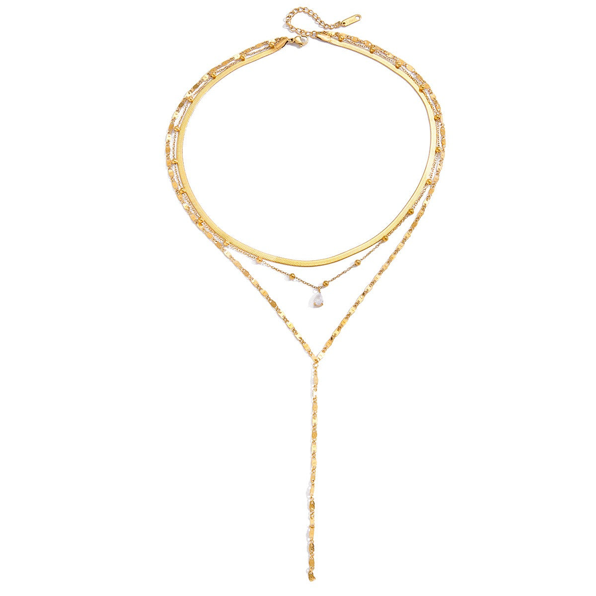 18K Gold Cascade Herringbone Snake Chain Lariat Layered Necklace Set