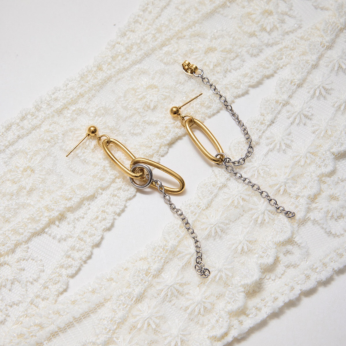 18K Gold and Silver Two Tone Paperclip Chain Mismatched Dangle Drop Stud Earrings