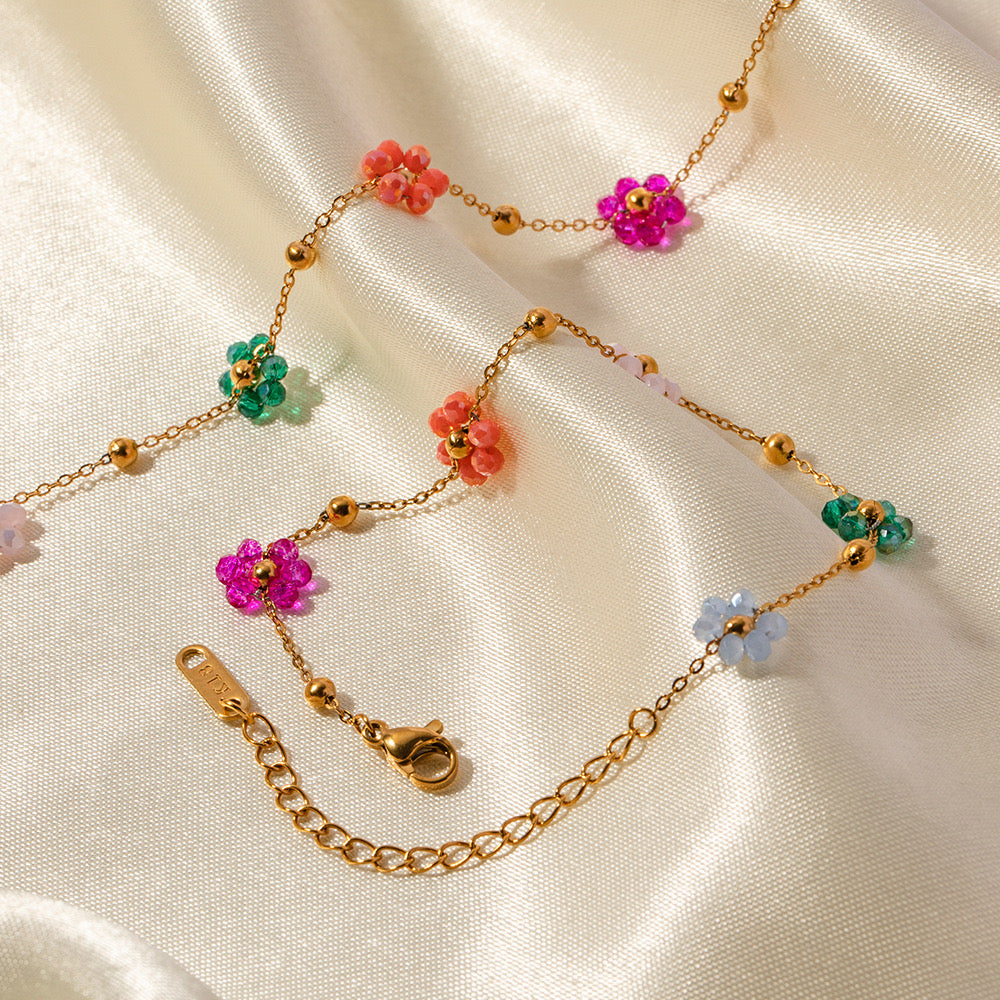 18K Gold Beaded Flower Necklace