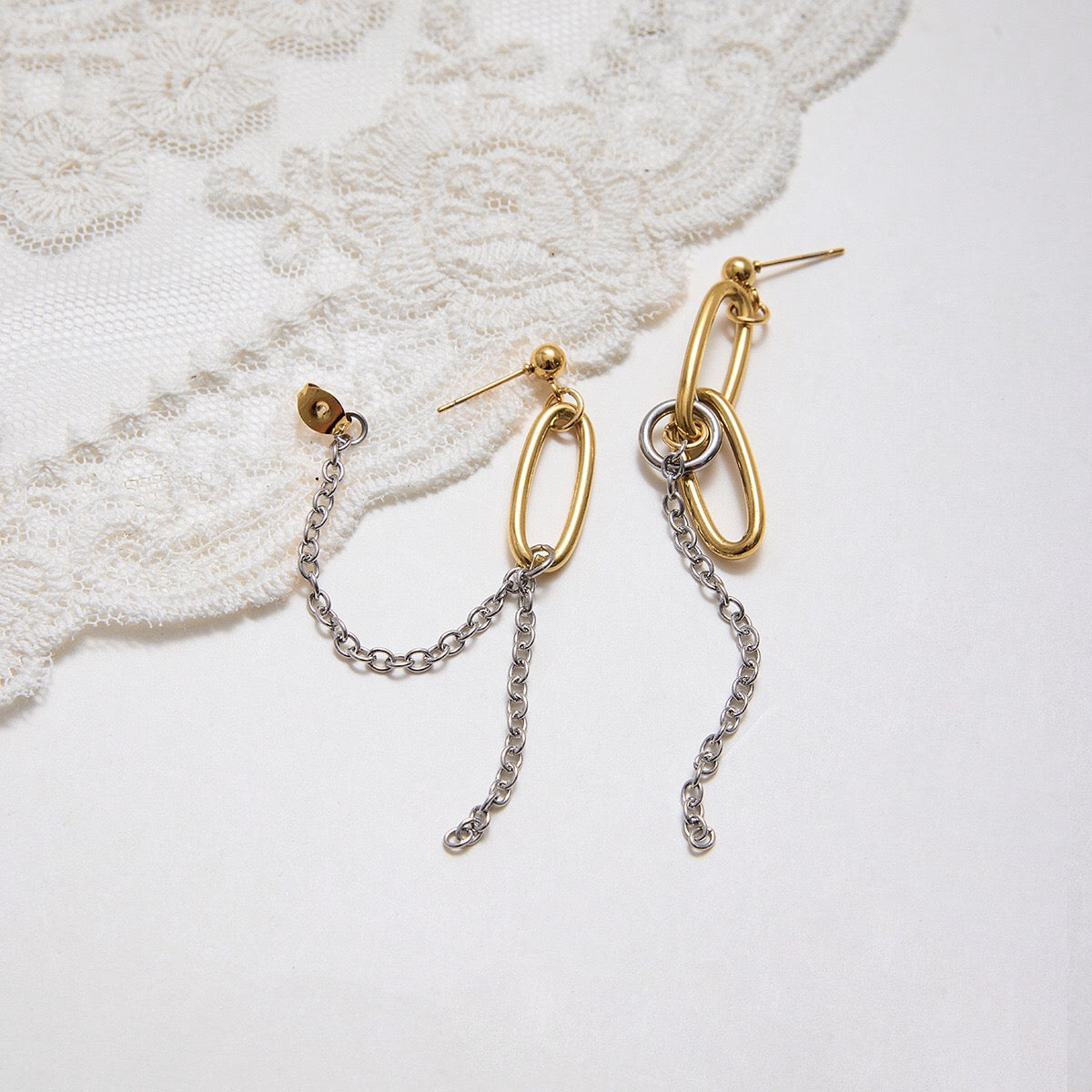 18K Gold and Silver Two Tone Paperclip Chain Mismatched Dangle Drop Stud Earrings