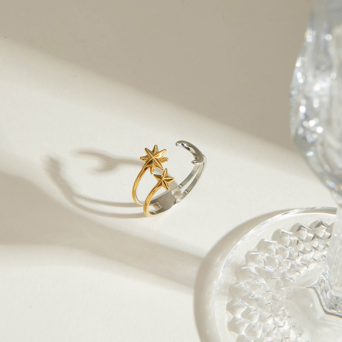 18K Gold Star and Moon Two Tone Silver Ring