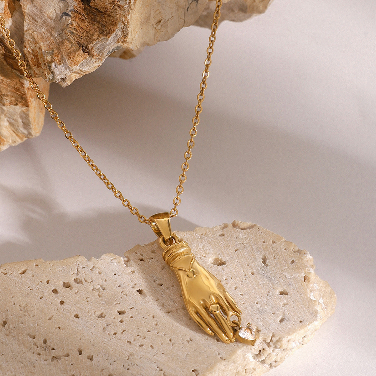 18K Gold Heart in Hand Pendant Necklace