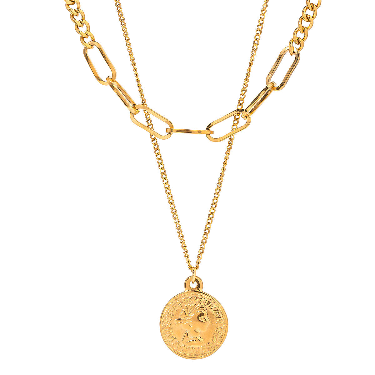 18K Gold Coin Pendant Paperclip Chain Layered Necklace Set