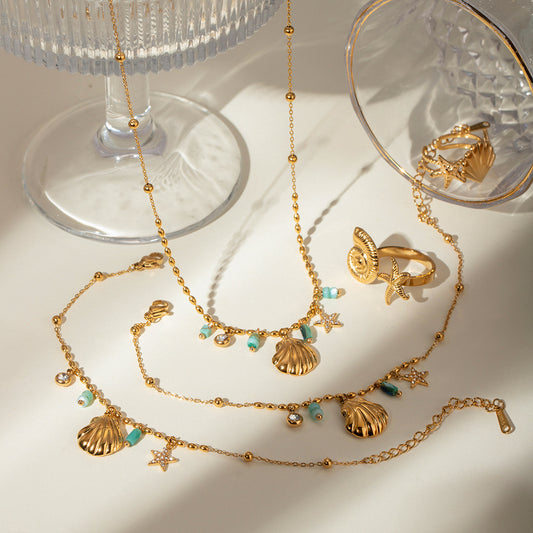 18K Gold Blue Beads Ocean Shell Beach Trip Charm Necklace