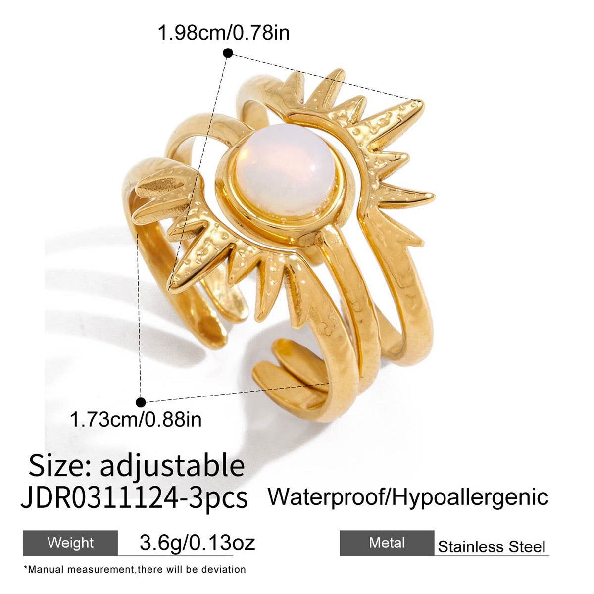 18K Gold Solar Kiss Sunburst Opal Statement Stacking Rings
