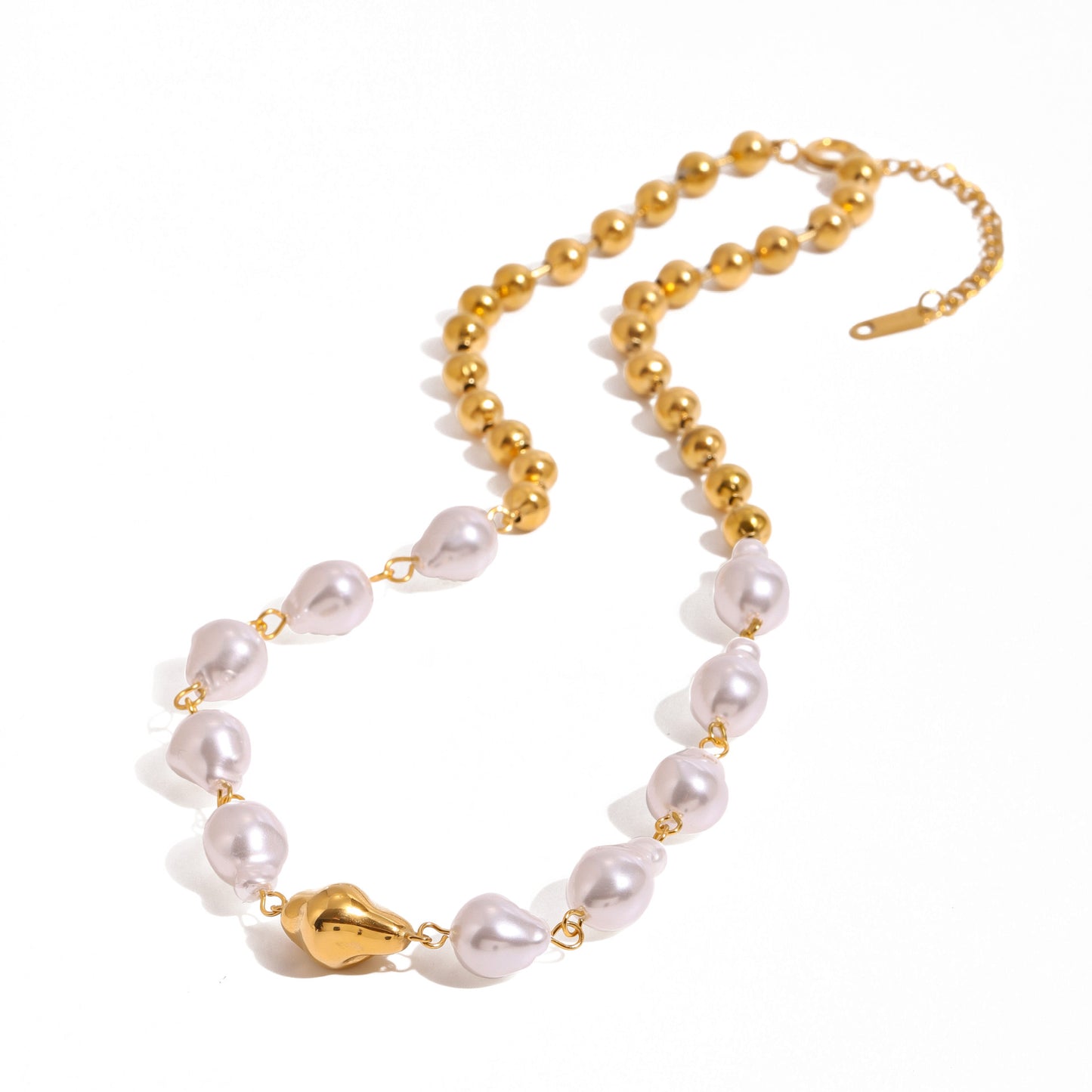 18K Gold Chunky Baroque Pearl Ball Chain Beaded Statement Necklace
