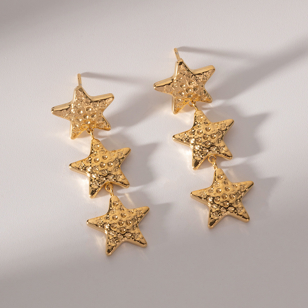 18K Gold Star Dangle Drop Earrings