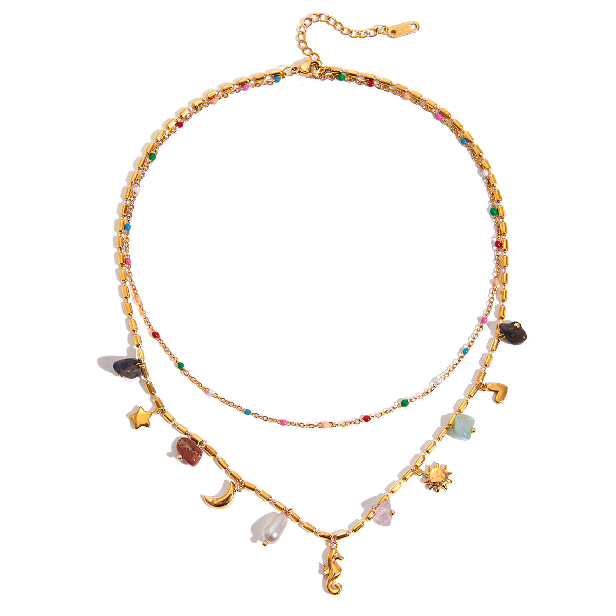 18K Gold Summer Memory Color Charm Double Chain Layered Necklace Set