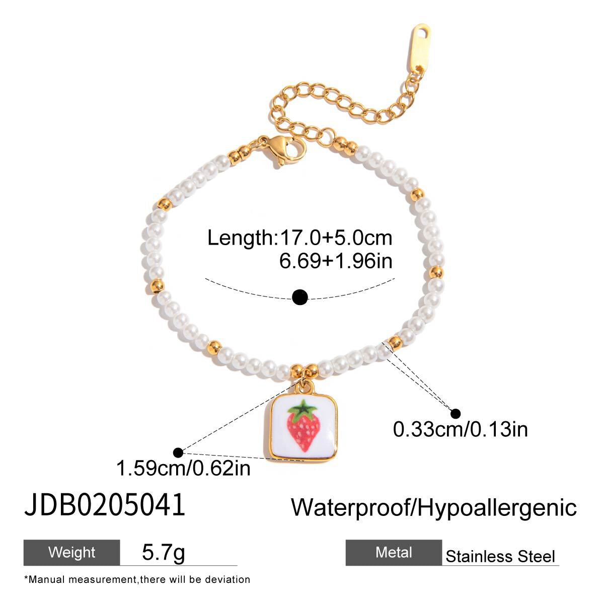 18K Gold Tropical Fruit Charm Pearl Chain Bracelet Stack