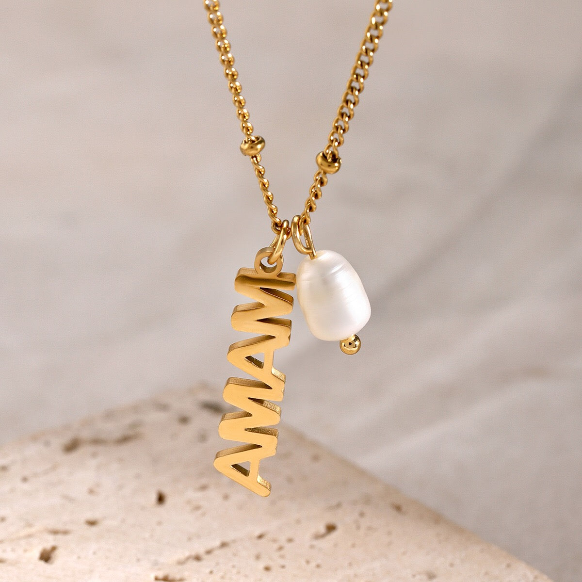 18K Gold MAMA Pearl Charm Pendant Necklace