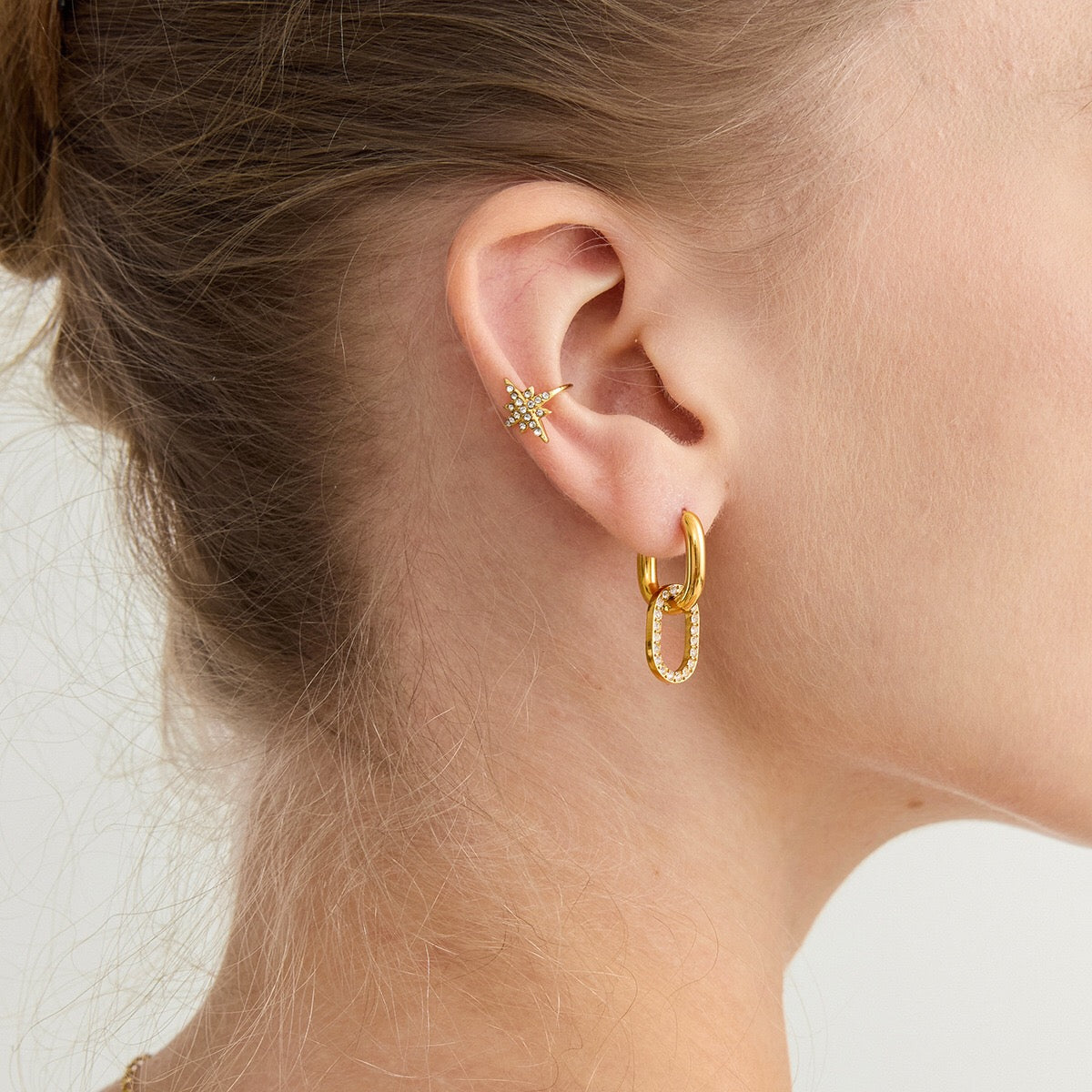 18K Gold Cosmic Charm Huggie Dangle Earrings Star Ear Cuff Set