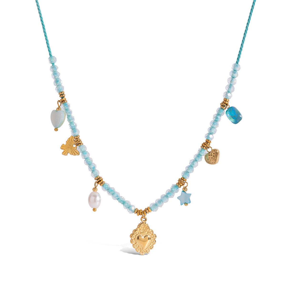 18K Gold Seaside Fantasy Blue Beads Heart Charm Circle Chain Layered Necklace Set