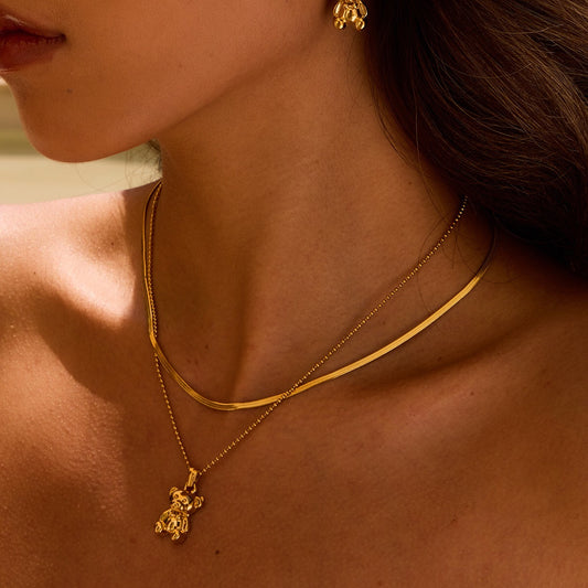 18K Gold Cute Gummy Bear Pendant Herringbone Snake Chain Layered Necklace