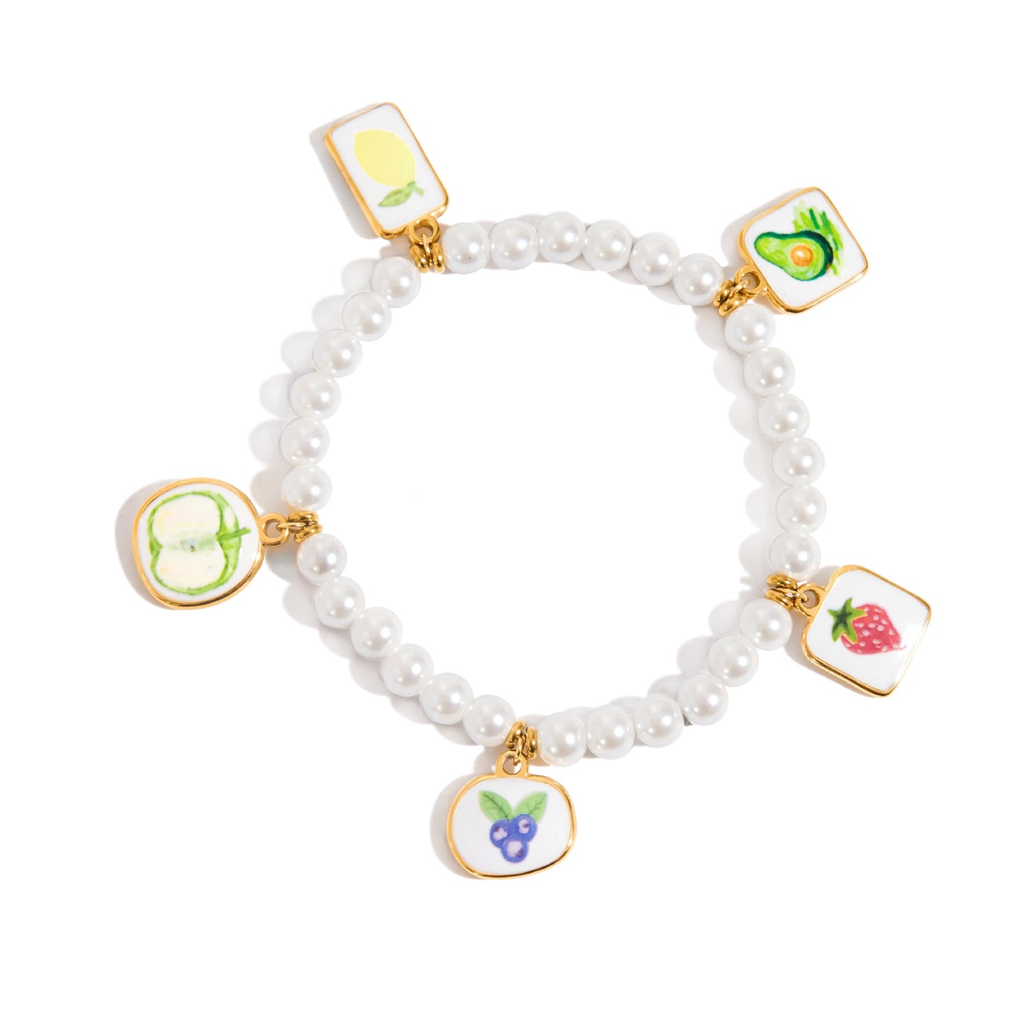 18K Gold Tropical Fruit Charm Pearl Chain Bracelet Stack
