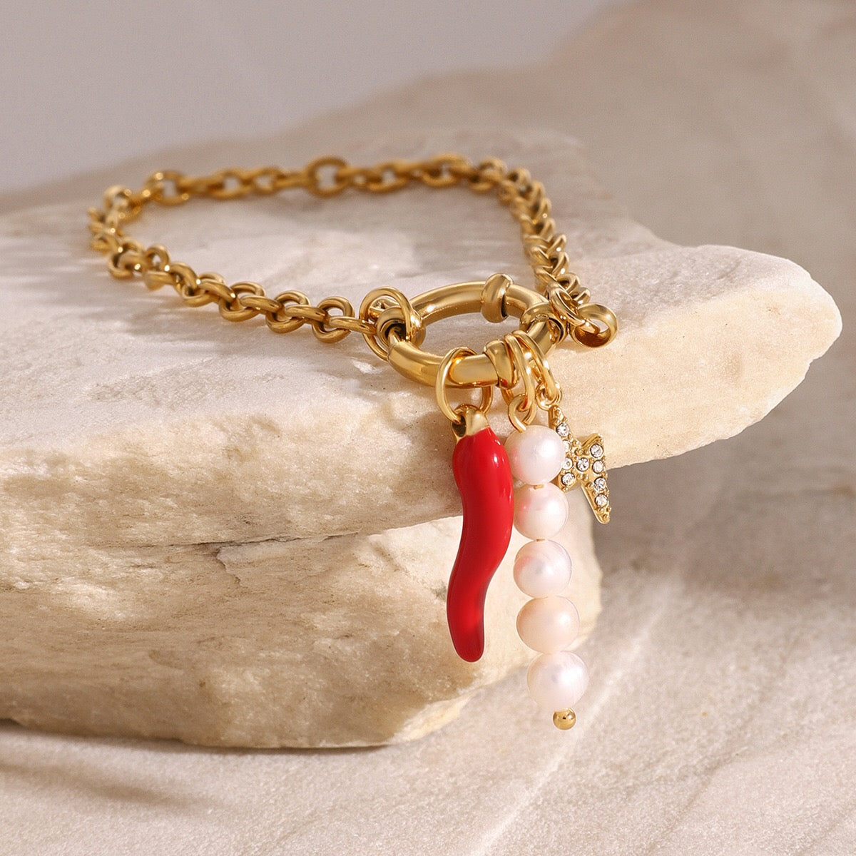 18K Gold Italian Horn Pearl Charm Bracelet