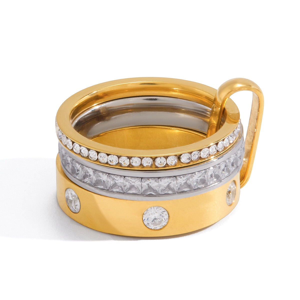 18K Gold and Silver Two Tone Noble Multiple Linked Eternity Spinelli Ring Stack