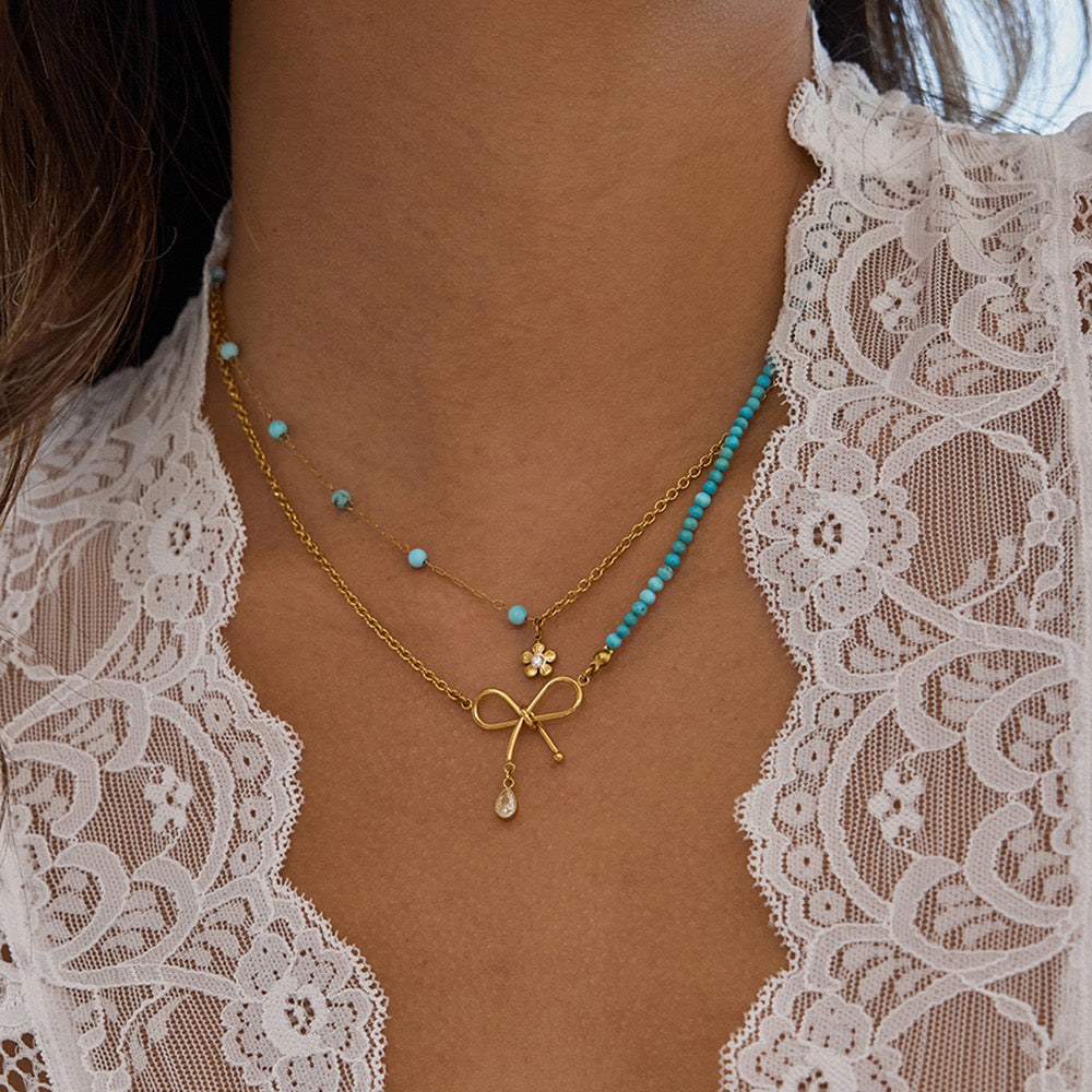 18K Gold Turquoise Beads Bow Pendant Double Chain Layered Necklace Set