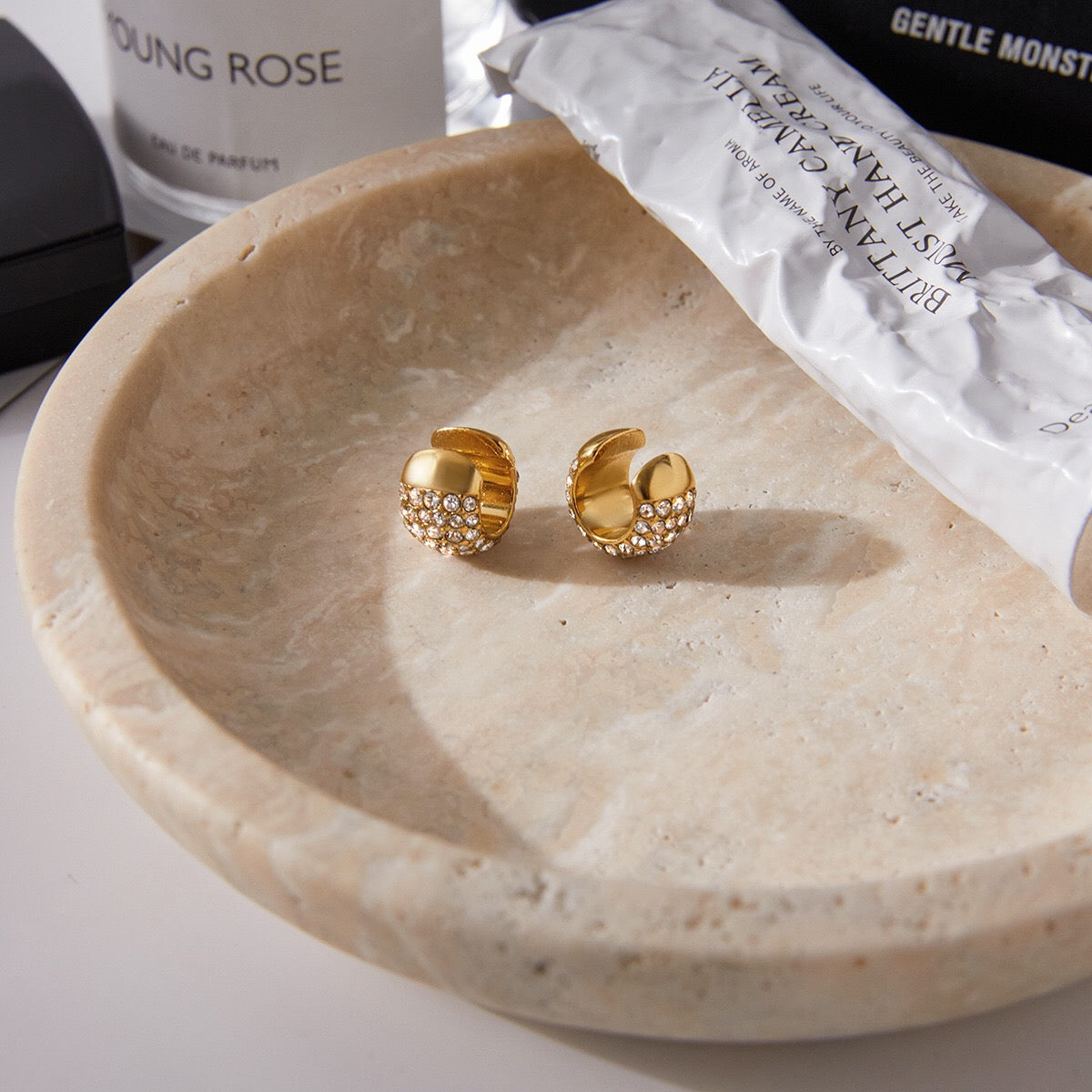 18K Gold Diamond Fever Huggie Earrings Ear Cuff Set