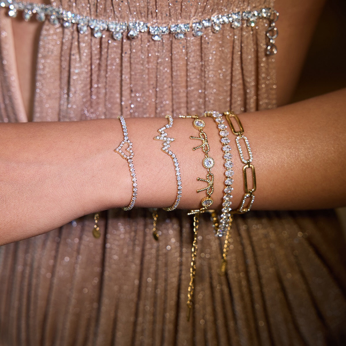 18K Gold Dreamy Bling Heart Bow Tennis Chain Bracelet Stack